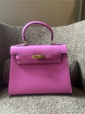Pink Structured Top-Handle Women's Bag with Gold Hardware